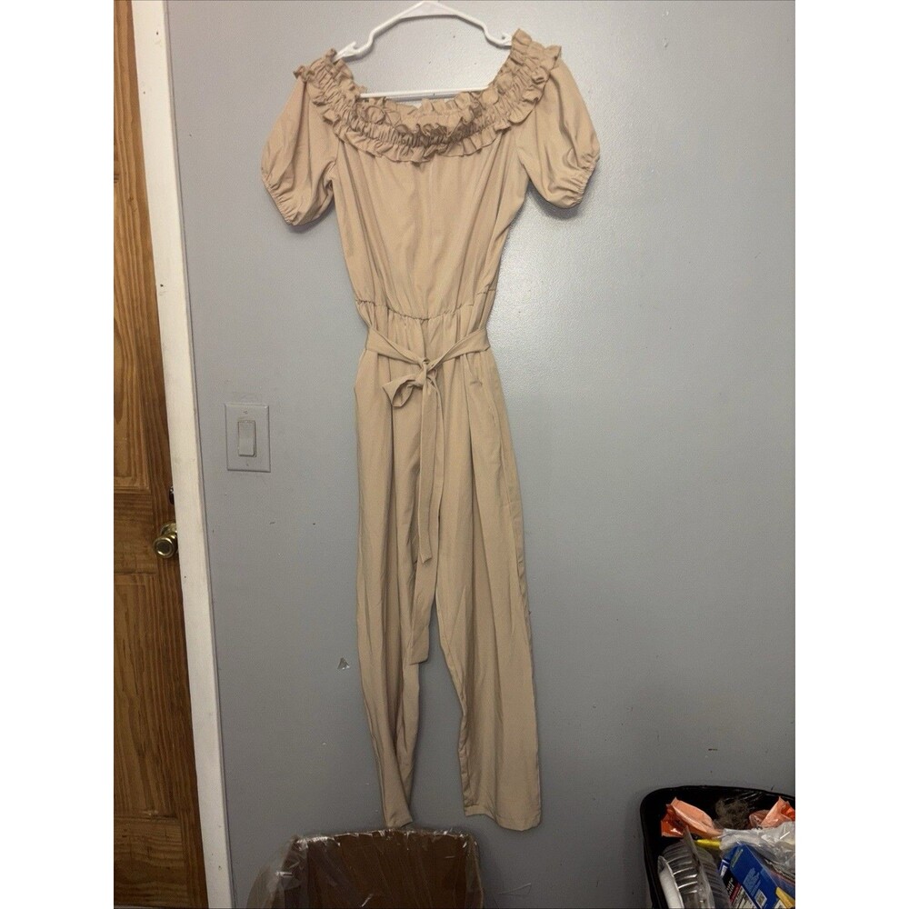 SHEIN Women Jumpsuit M Beige Off Shoulder Waist Tie Detail Pockets
